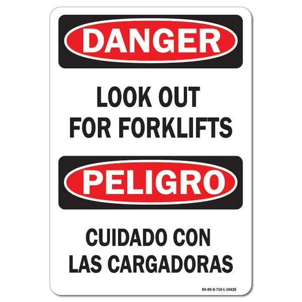 Safety Sign, OSHA Danger, 3.5" Height, Look Out For Forklifts Bilingual, Landscape, 10PK